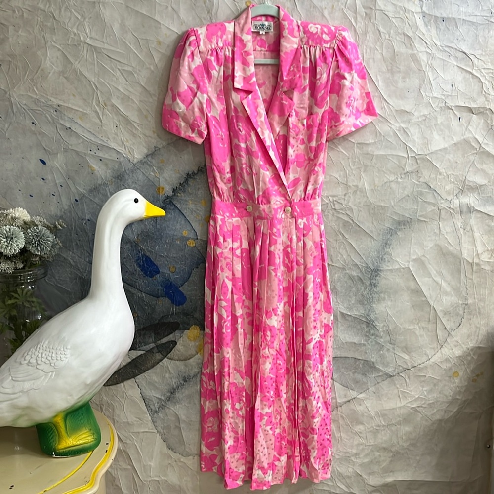 Cutest Vintage Royalsilk Bright Pink Floral Silk Dress 4